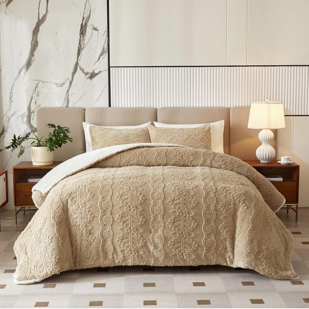 Flannel Fleece Sherpa Comforter Set Queen Size, Down Alternative Comforter Khaki